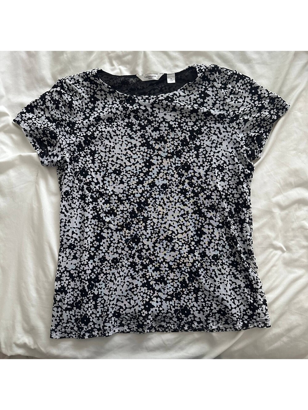 Liz Claiborne Black White Mesh Top Floral Daisy Print Women's M Lined